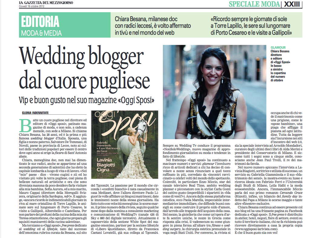 La Gazzetta del Mezzogiorno – “Wedding blogger dal cuore pugliese”